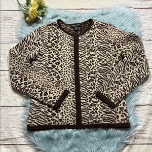 Maritoveni Cashmere Made in Italy Animal Print Tan Brown Zip Up Sweater sz M